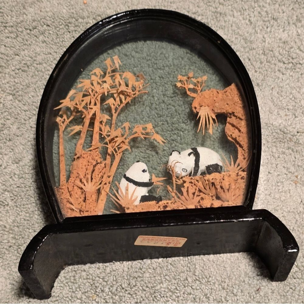 2 Panda Cork Art Dioramas – Handcrafted MCM Display Set
